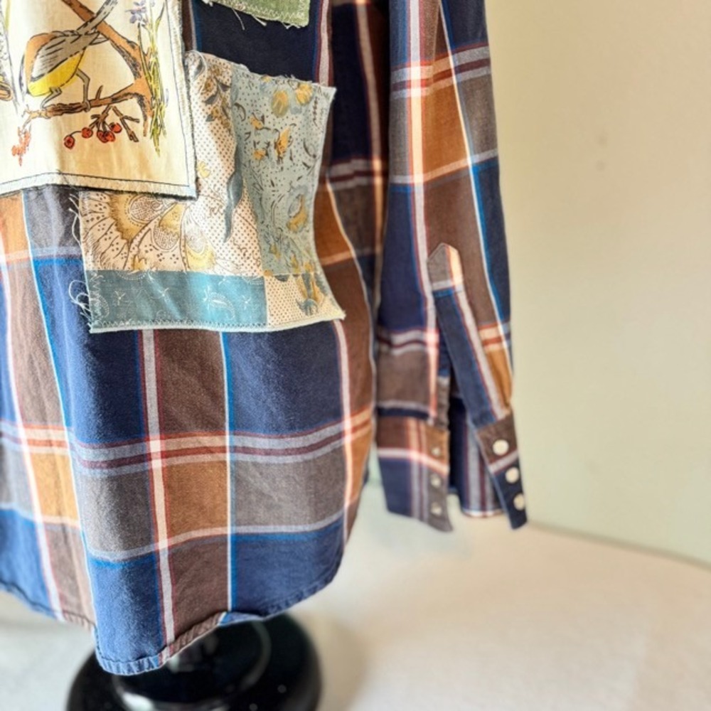 Upcycled Wrangler Custom Western Shirt Plaid Pearl Snap Bird Floral Blue Brown - Picture 4 of 8